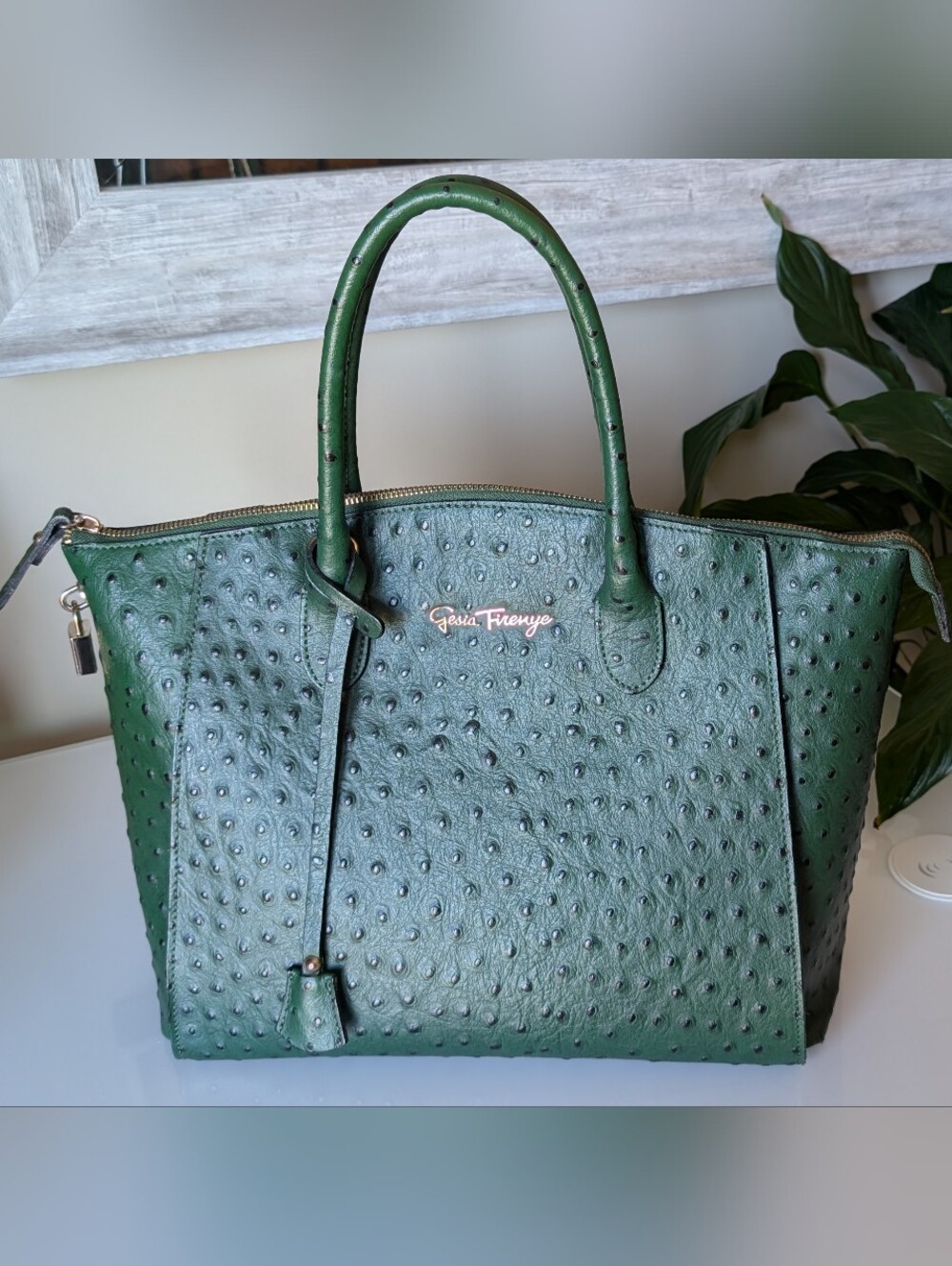 Italian Leather Emerald Green Ostrich-Embossed Tote with Gold Hardware
